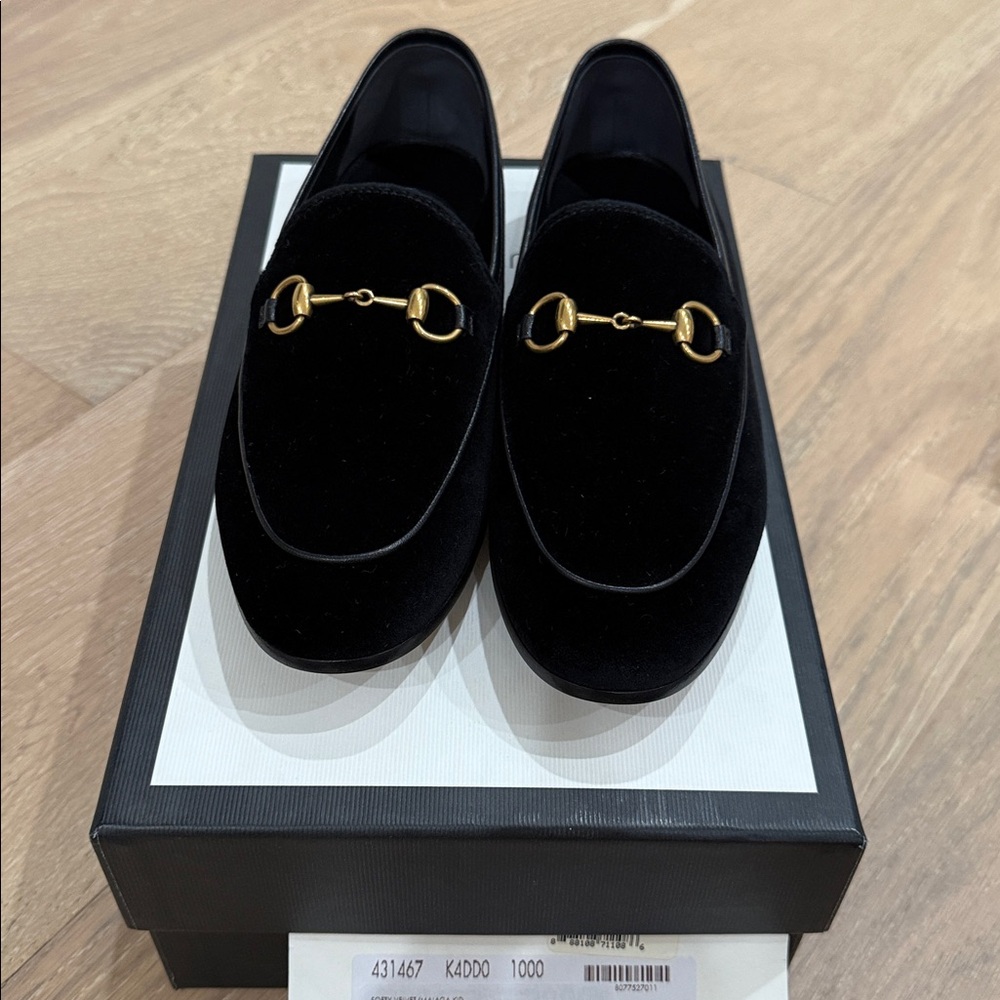 Brand new authentic velour Black Loafers with Gold Bit Detail